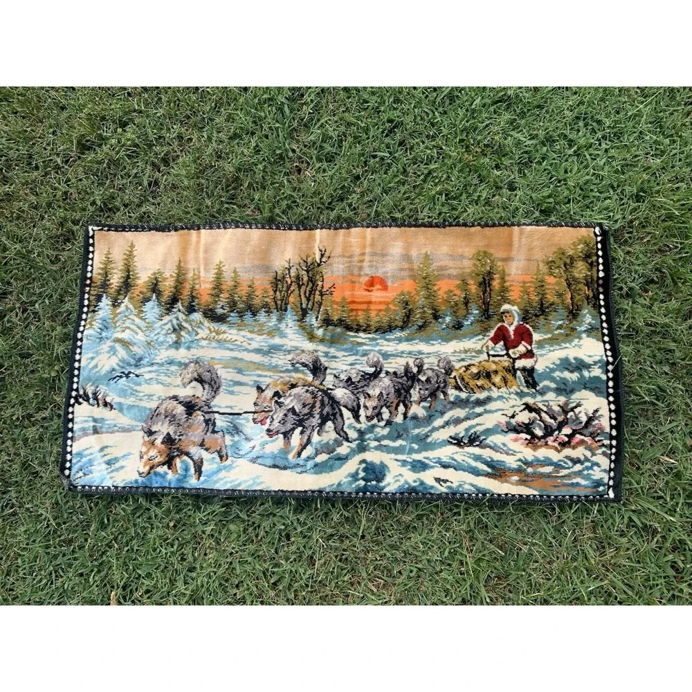 Vintage 60s Velvet‎ Wall Tapestry Alaskan Iditarod Dog Sledding Snowy Sunrise